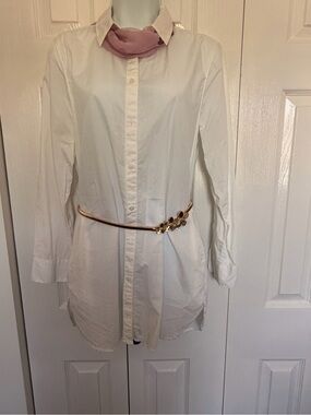 Madewell White Long-Sleeve Shirt Dress with Pink Scarf Detail